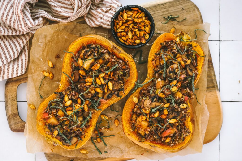 Wild Rice & Mushroom Stuffed Roasted Butternut Squash - Community Natural Foods